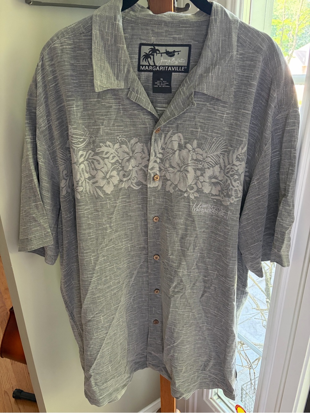 Margaritaville XL Gray Hawaiian Silk Shirt Hibiscus Band Jimmy Buffett
